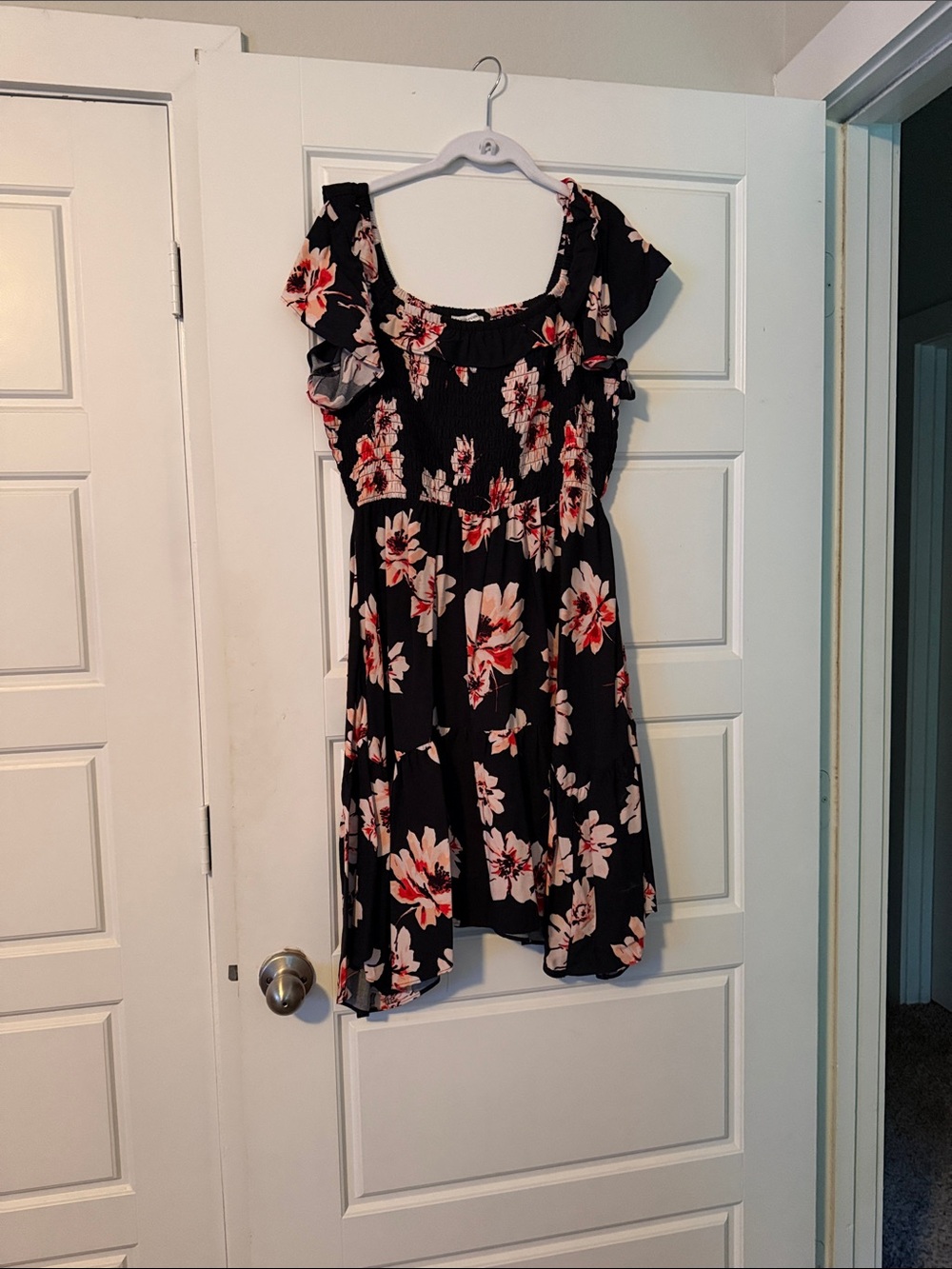 Maurices Black Floral Fit-and-Flare Dress with Pink and Red Blooms
